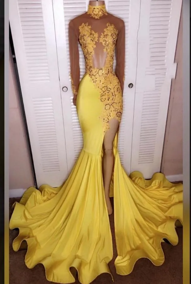 2025 Junoesque Yellow Split Mermaid/Trumpet Long Sleeve Satin Prom Dresses