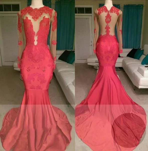 2025 Red Mermaid See Through Long Sleeves Satin Appliques Long Prom Dresses