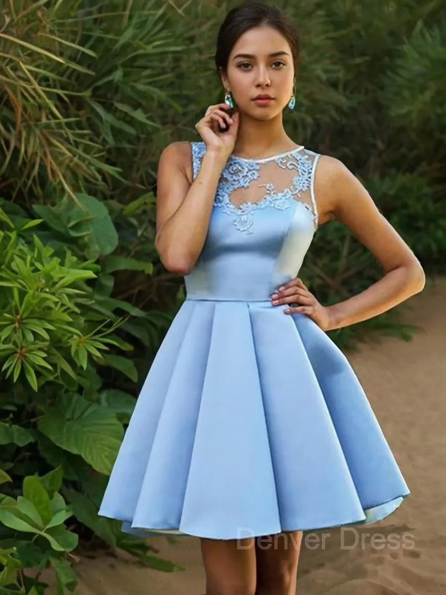 A-Line Bateau Short Satin Homecoming Dresses With Appliques Lace