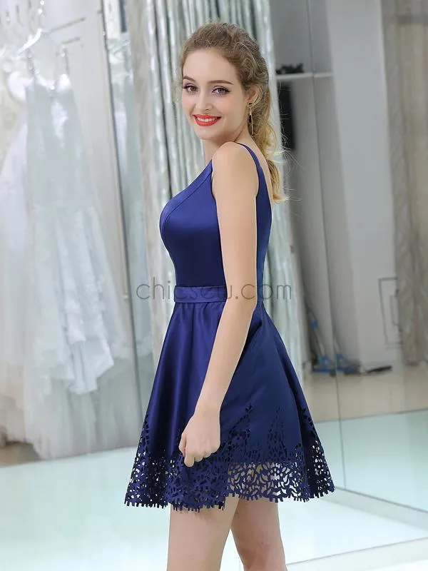 A-line Off-Shoulder Blue Satin Cheap Homecoming Dresses, Short Prom Dress LMX1163