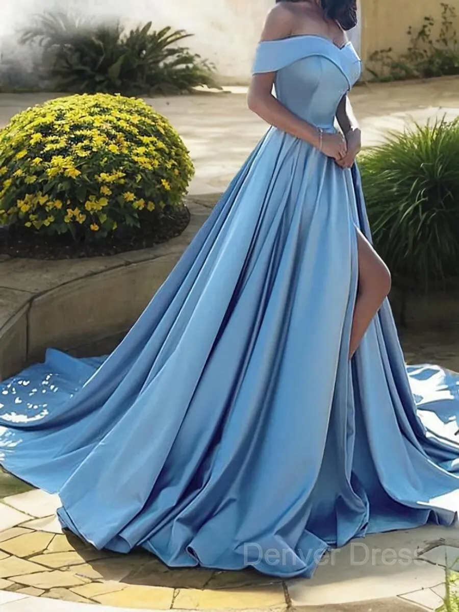 A-Line Off-the-Shoulder Court Train Satin Evening Dresses With Leg Slit