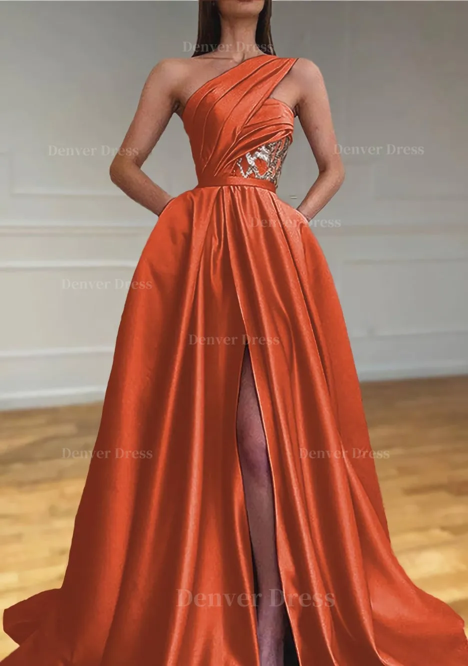 A-line One-Shoulder Sleeveless Sweep Train Satin Prom Dresses With Split Pleated