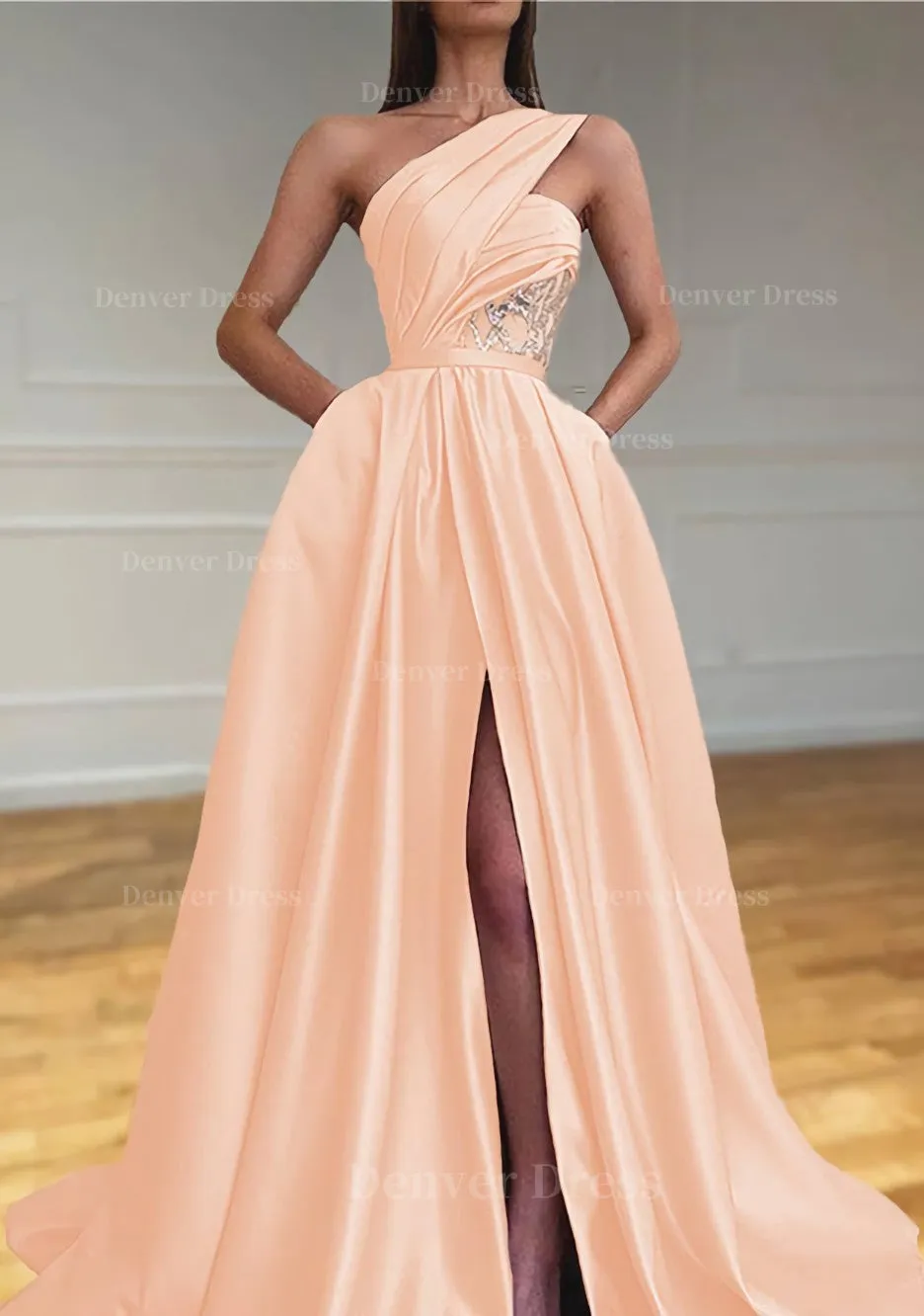 A-line One-Shoulder Sleeveless Sweep Train Satin Prom Dresses With Split Pleated