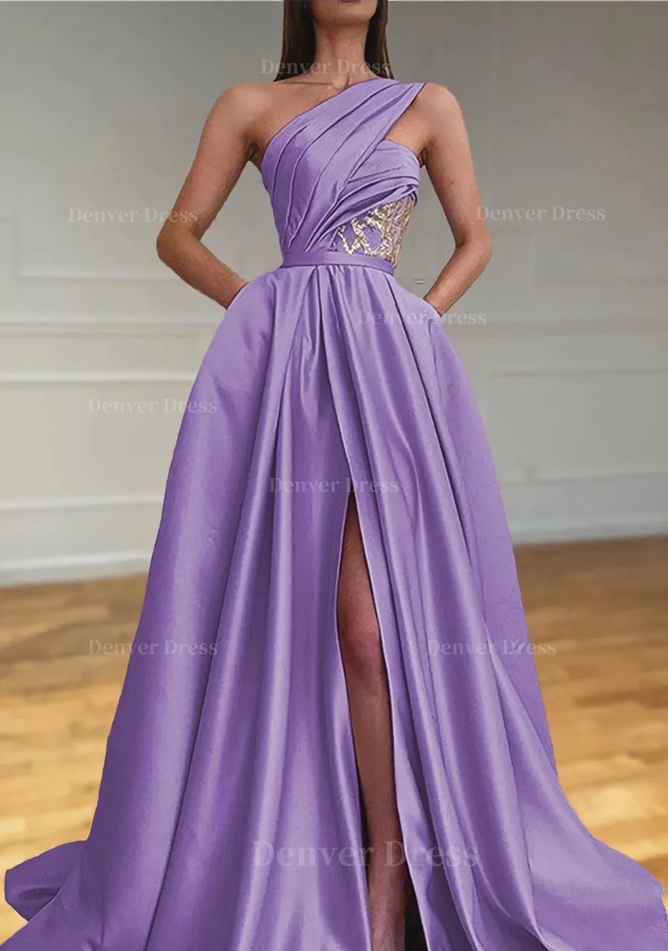 A-line One-Shoulder Sleeveless Sweep Train Satin Prom Dresses With Split Pleated