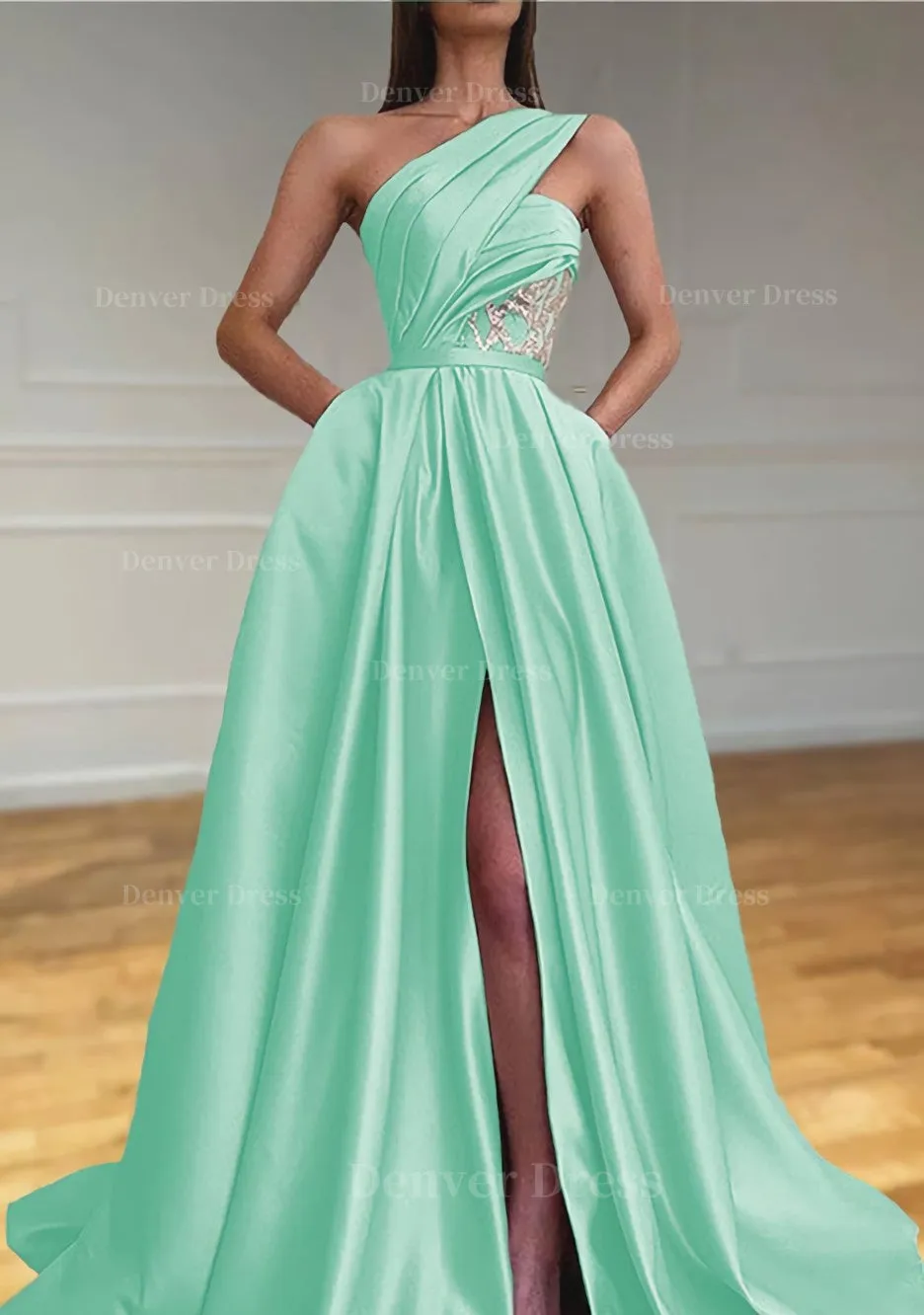 A-line One-Shoulder Sleeveless Sweep Train Satin Prom Dresses With Split Pleated