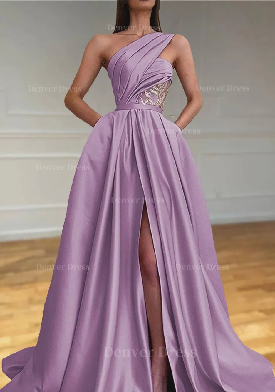 A-line One-Shoulder Sleeveless Sweep Train Satin Prom Dresses With Split Pleated