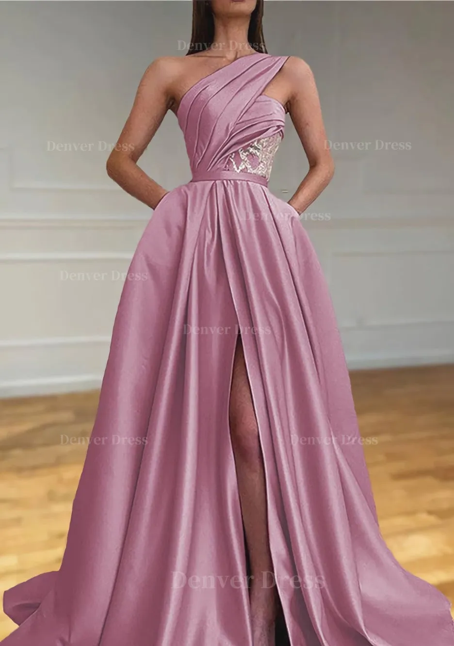 A-line One-Shoulder Sleeveless Sweep Train Satin Prom Dresses With Split Pleated