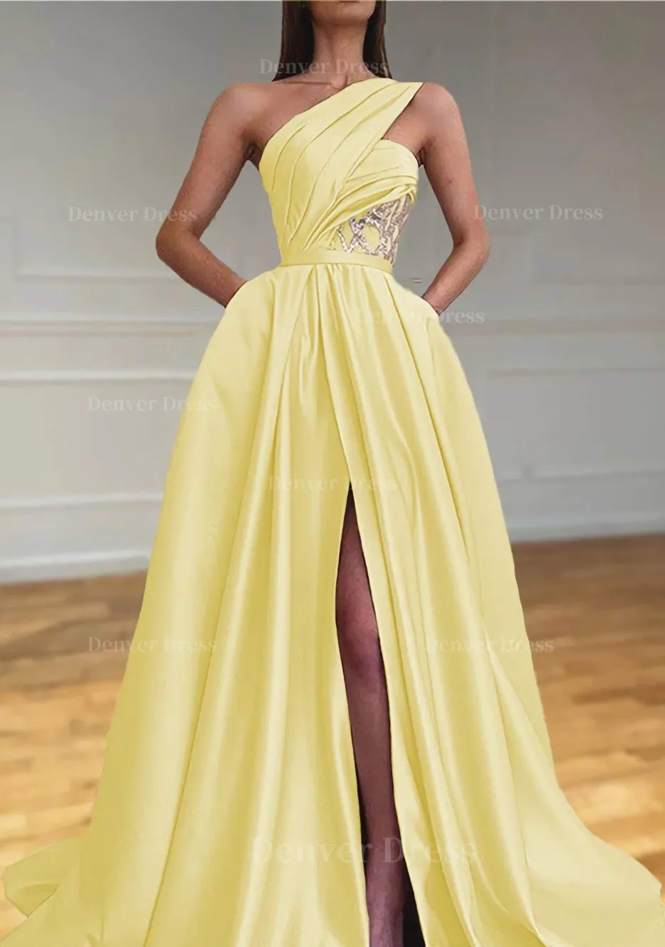 A-line One-Shoulder Sleeveless Sweep Train Satin Prom Dresses With Split Pleated