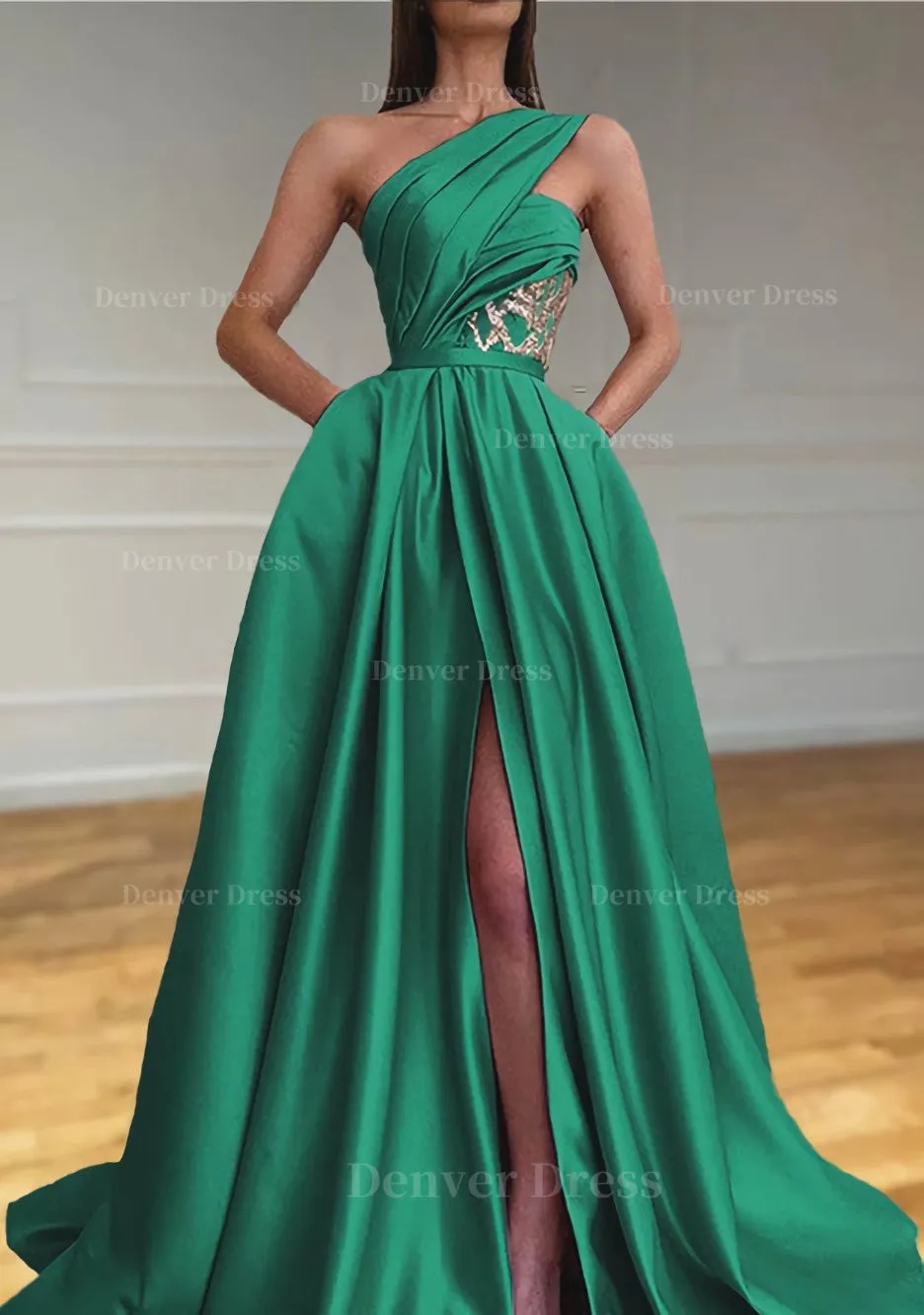 A-line One-Shoulder Sleeveless Sweep Train Satin Prom Dresses With Split Pleated