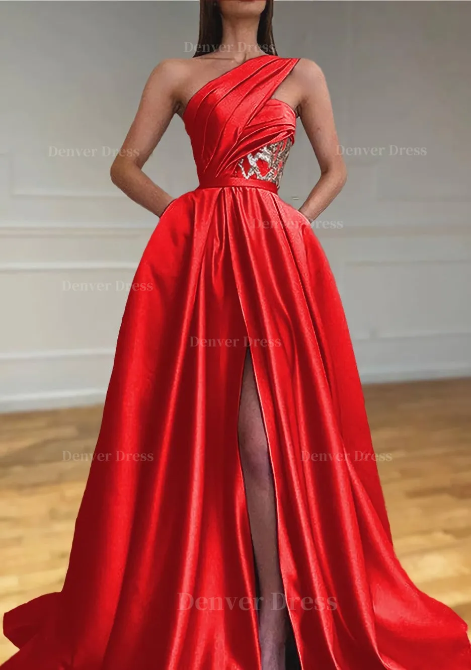 A-line One-Shoulder Sleeveless Sweep Train Satin Prom Dresses With Split Pleated