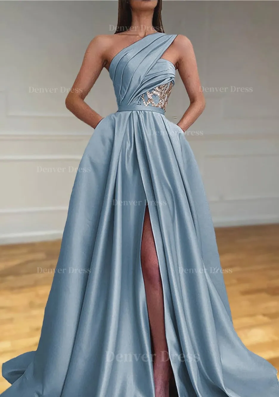 A-line One-Shoulder Sleeveless Sweep Train Satin Prom Dresses With Split Pleated