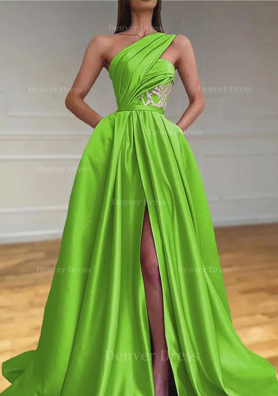 A-line One-Shoulder Sleeveless Sweep Train Satin Prom Dresses With Split Pleated