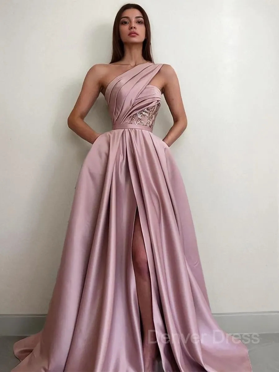 A-Line One-Shoulder Sweep Train Satin Prom Dresses With Pockets