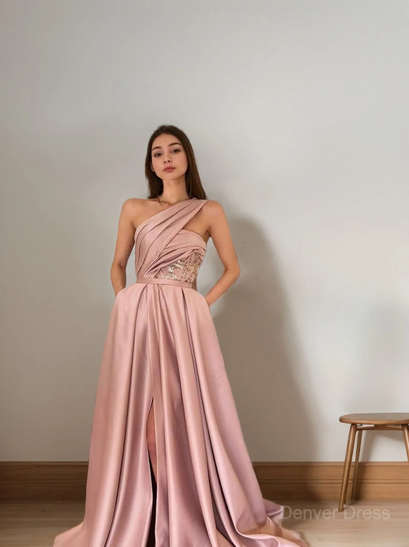 A-Line One-Shoulder Sweep Train Satin Prom Dresses With Pockets