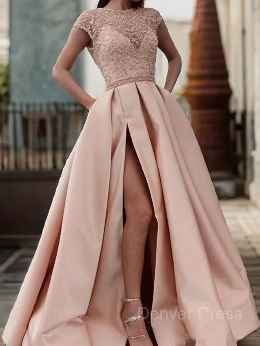 A-Line Scoop Sweep Train Satin Prom Dresses With Pockets