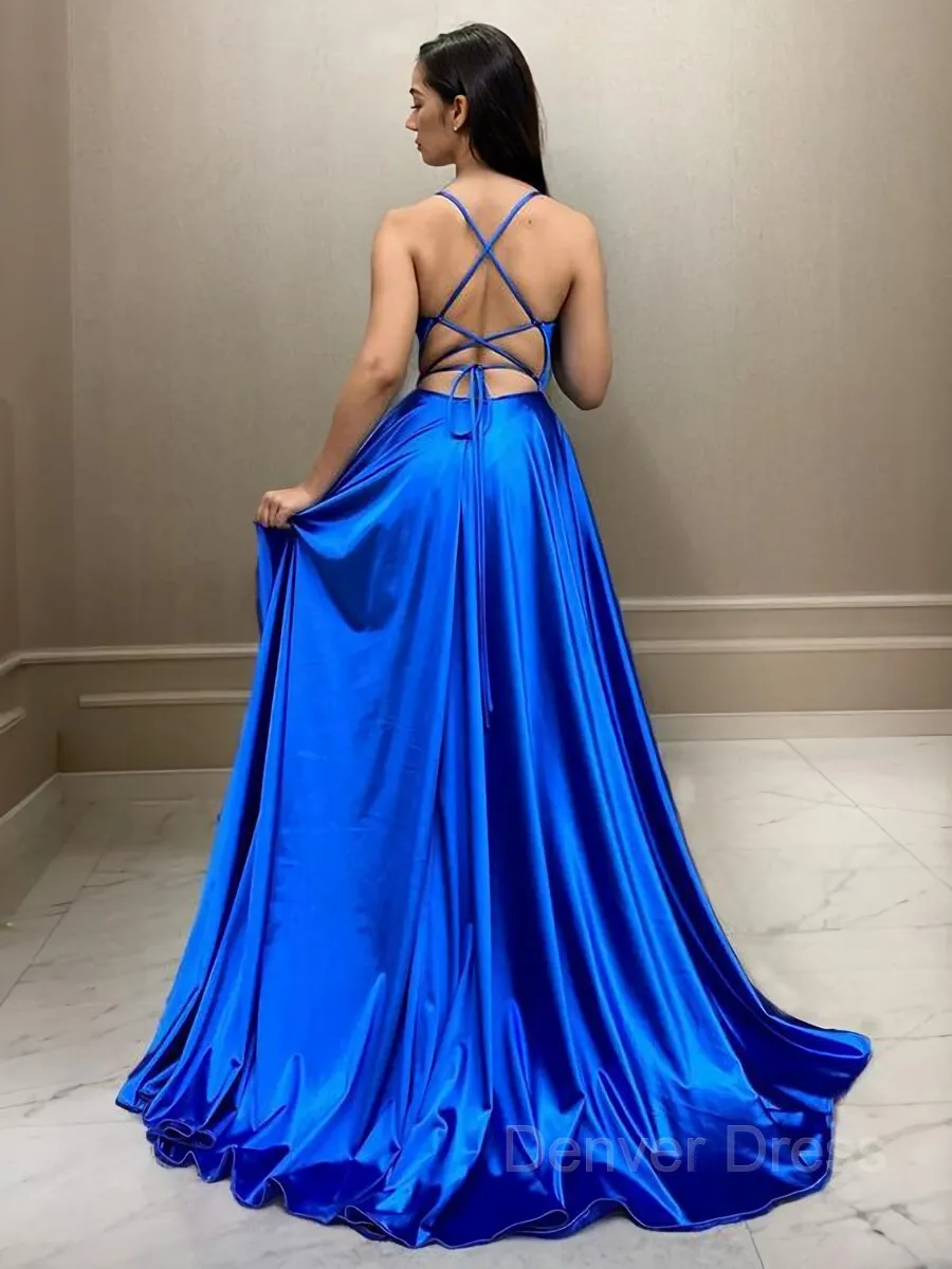 A-Line Spaghetti Straps Sweep Train Elastic Woven Satin Prom Dresses With Leg Slit