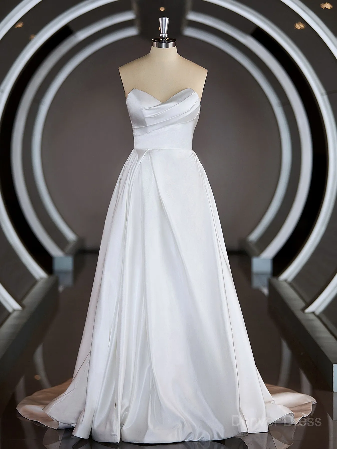 A-Line Sweetheart Chapel Train Satin Wedding Dresses with Ruffles