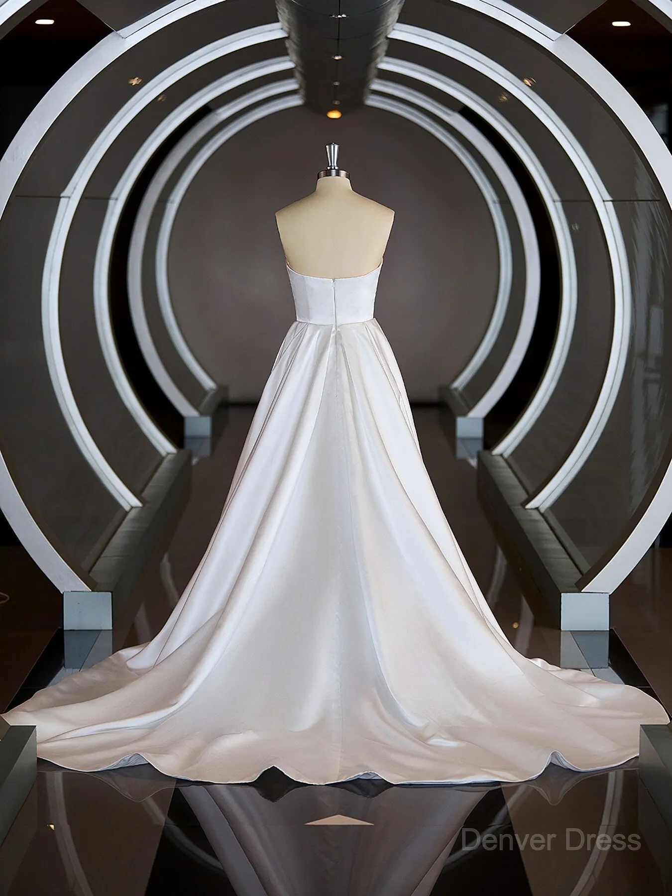 A-Line Sweetheart Chapel Train Satin Wedding Dresses with Ruffles