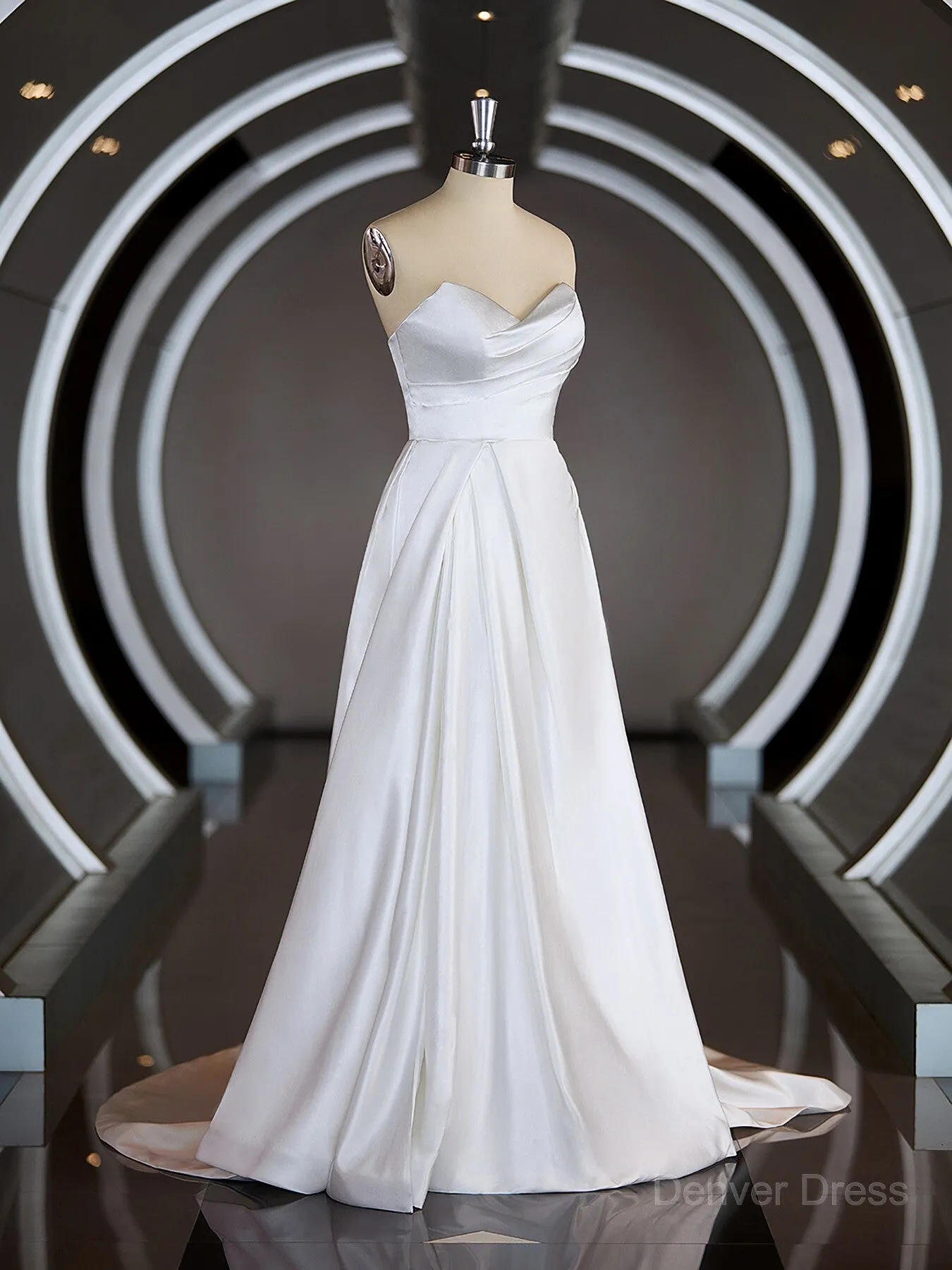 A-Line Sweetheart Chapel Train Satin Wedding Dresses with Ruffles