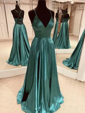 A Line V Neck Green Satin Long Prom Dresses Backless Green Long Formal Evening Dresses