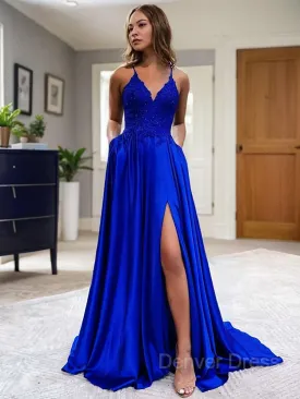 A-Line V-neck Sweep Train Elastic Woven Satin Prom Dresses With Pockets