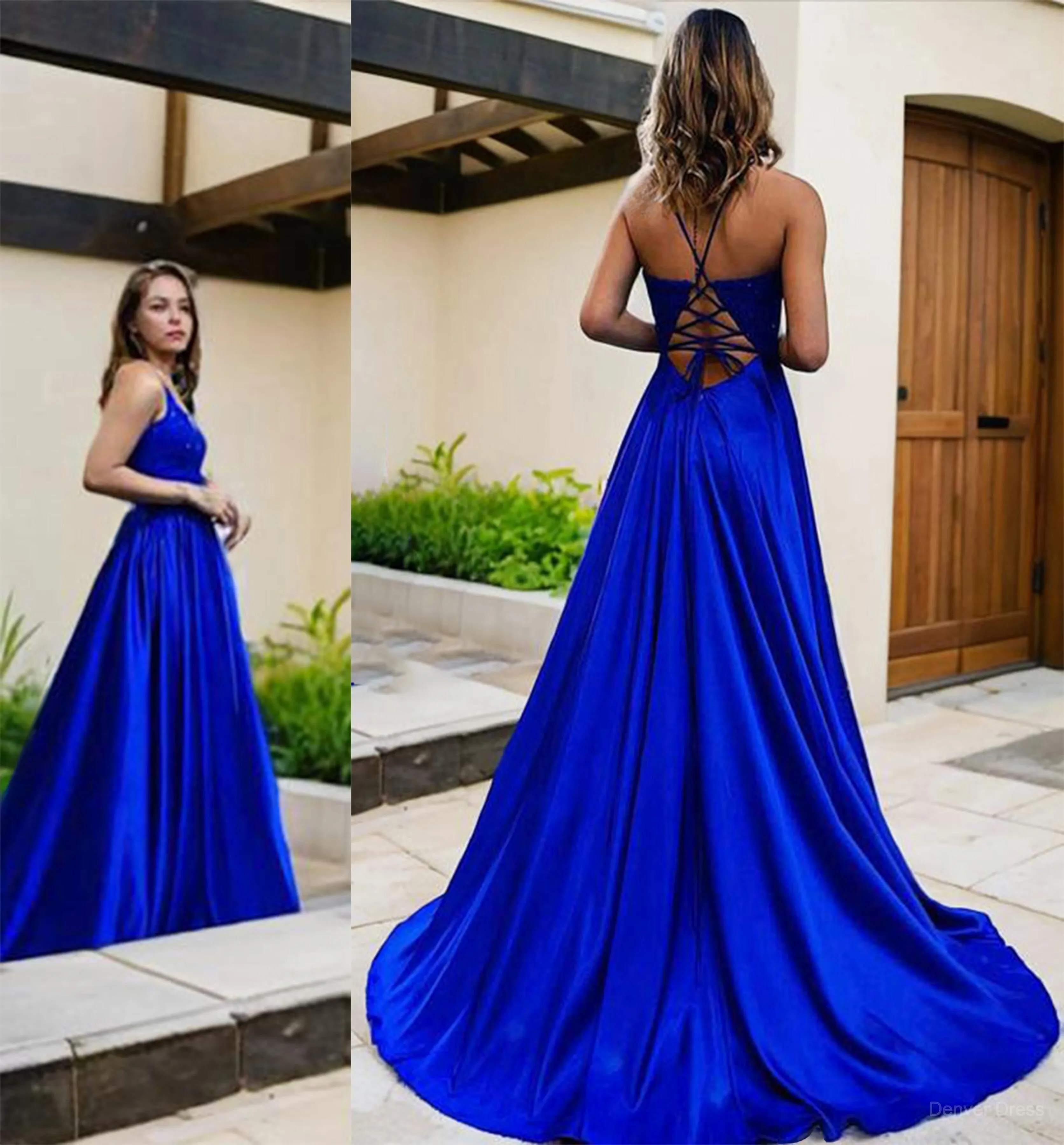 A-Line V-neck Sweep Train Elastic Woven Satin Prom Dresses With Pockets