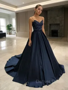 A-Line V-neck Sweep Train Satin Prom Dresses With Appliques Lace