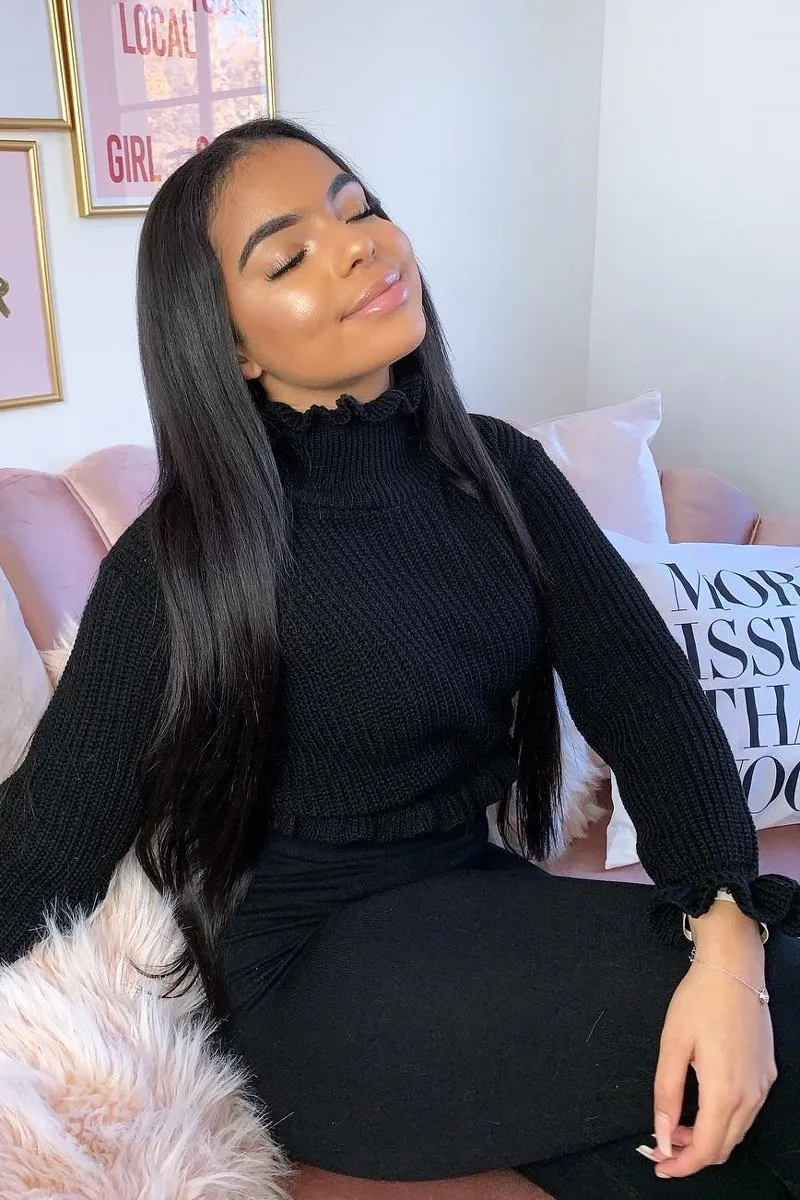 Black Ruffle Hem Chunky Knit Crop Jumper - Alannah