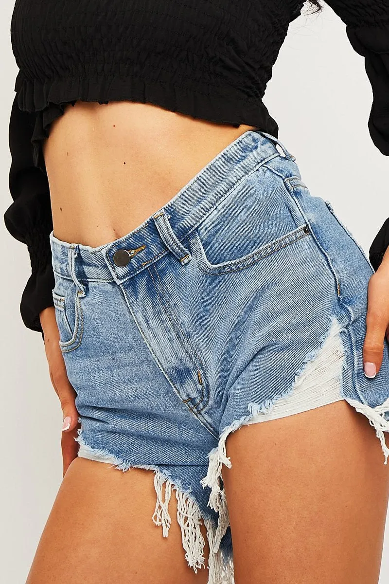 Blue Denim Extreme Rip Front Shorts - Aarya