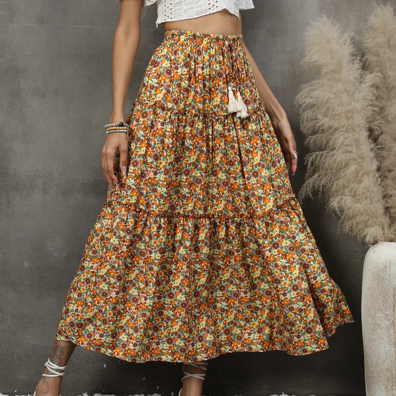 Bohemian Tassel Floral Wood Ear Trim Stitching High Waist Skirt Wholesale Women'S Bottoms