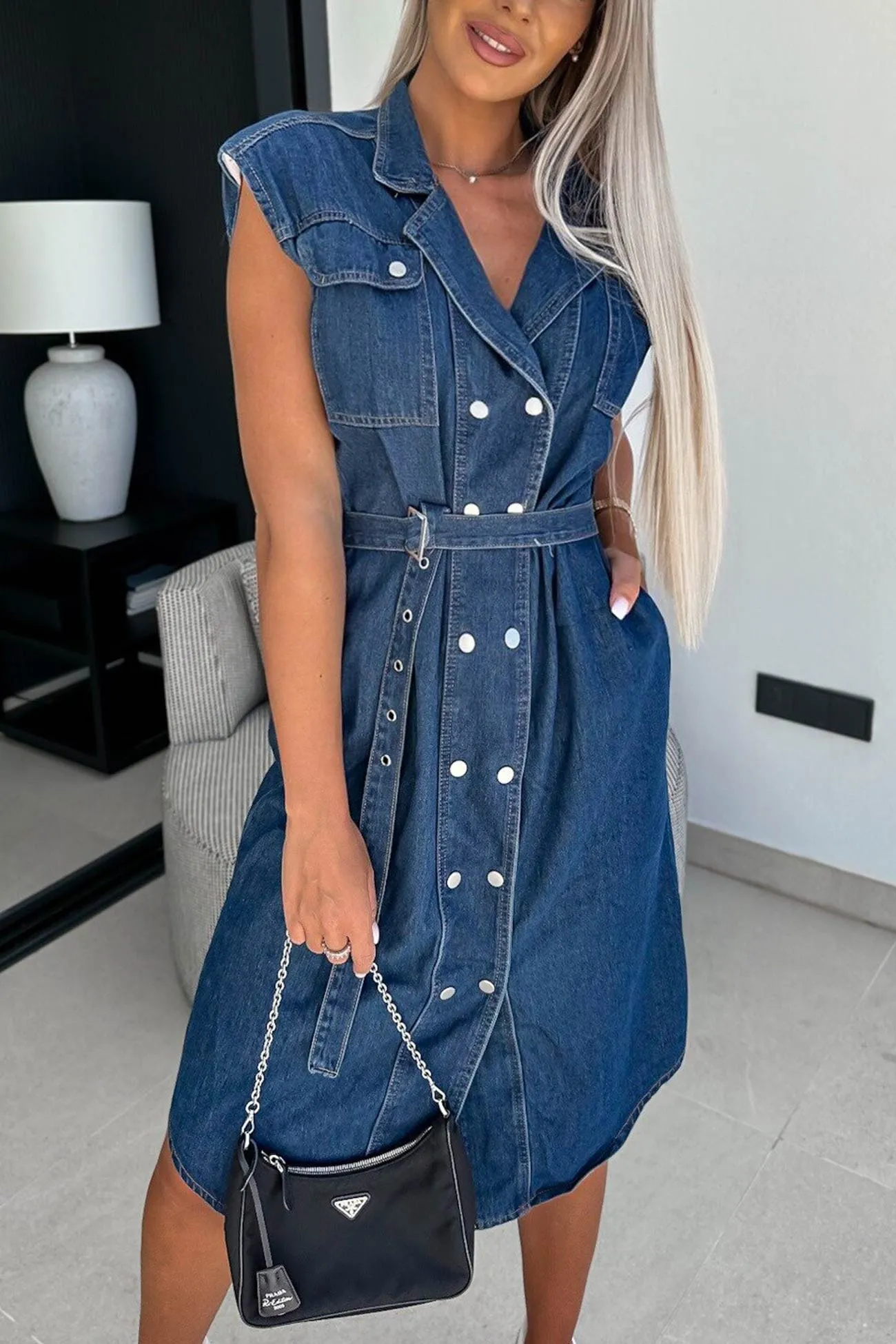 Cap Sleeve Double-breasted Strappy Denim Dress