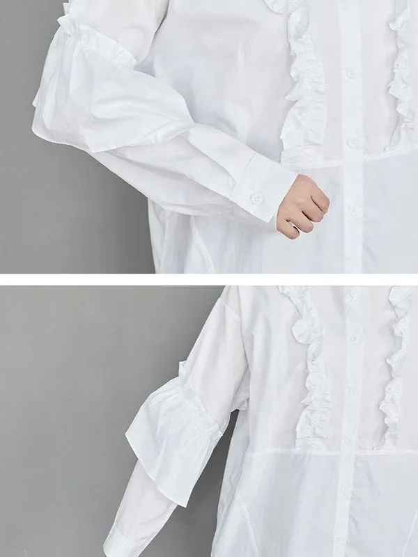 Casual Loose Long Sleeves Buttoned Ruffled Solid Color Lapel Collar Blouses&Shirts Tops