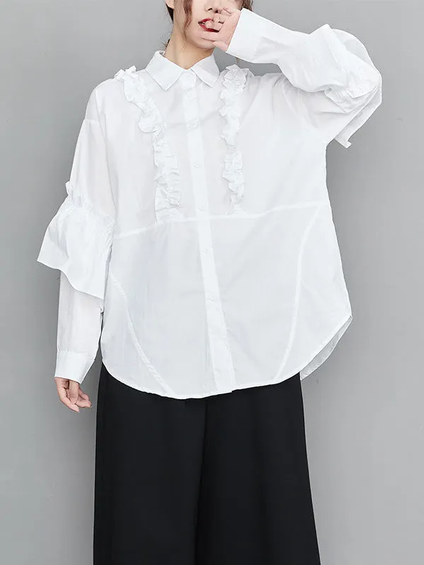 Casual Loose Long Sleeves Buttoned Ruffled Solid Color Lapel Collar Blouses&Shirts Tops