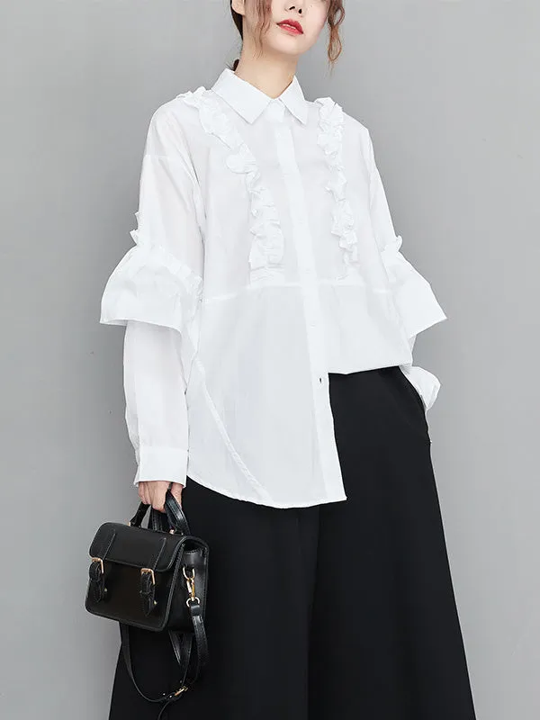 Casual Loose Long Sleeves Buttoned Ruffled Solid Color Lapel Collar Blouses&Shirts Tops