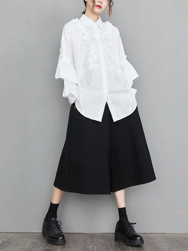 Casual Loose Long Sleeves Buttoned Ruffled Solid Color Lapel Collar Blouses&Shirts Tops