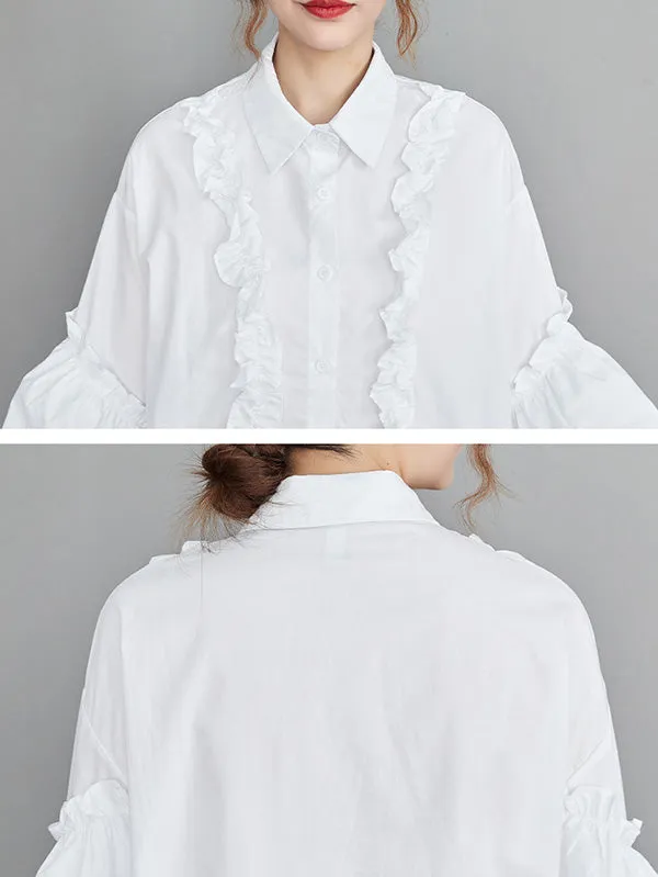 Casual Loose Long Sleeves Buttoned Ruffled Solid Color Lapel Collar Blouses&Shirts Tops