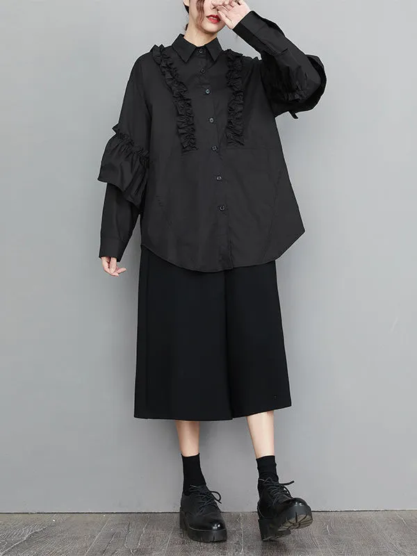 Casual Loose Long Sleeves Buttoned Ruffled Solid Color Lapel Collar Blouses&Shirts Tops