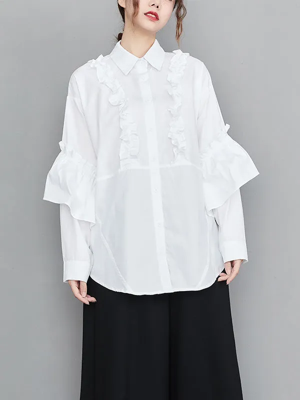 Casual Loose Long Sleeves Buttoned Ruffled Solid Color Lapel Collar Blouses&Shirts Tops