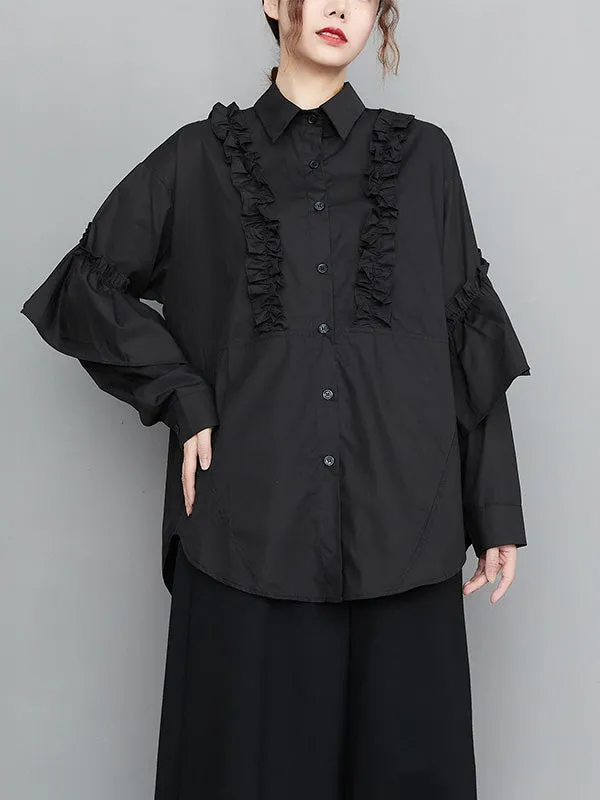 Casual Loose Long Sleeves Buttoned Ruffled Solid Color Lapel Collar Blouses&Shirts Tops