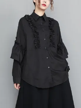 Casual Loose Long Sleeves Buttoned Ruffled Solid Color Lapel Collar Blouses&Shirts Tops