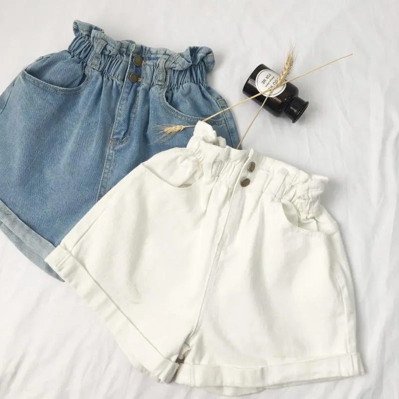 Casual Loose Roll Up Hem Elastic Waist Pocket High Waist Denim Shorts