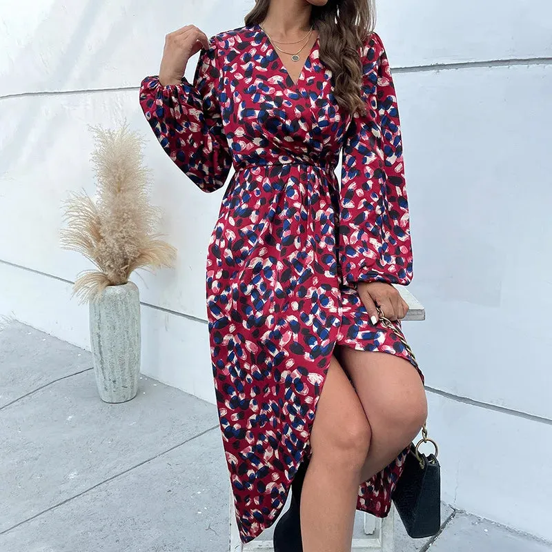 Christmas Print Polka Split Outwear V-Neck Full Lantern Sleeve Skinny A-Line Midi Dress