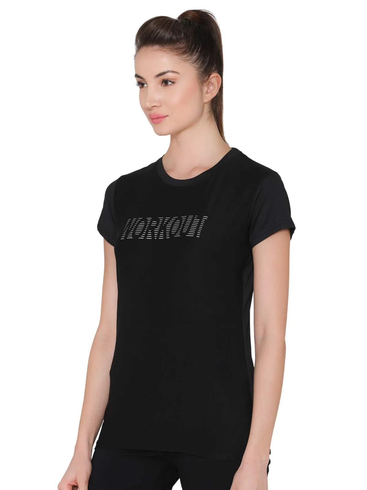 Clovia Women's Gym/Sports Text Print Activewear T-Shirt (AT0112P13_Black_L)