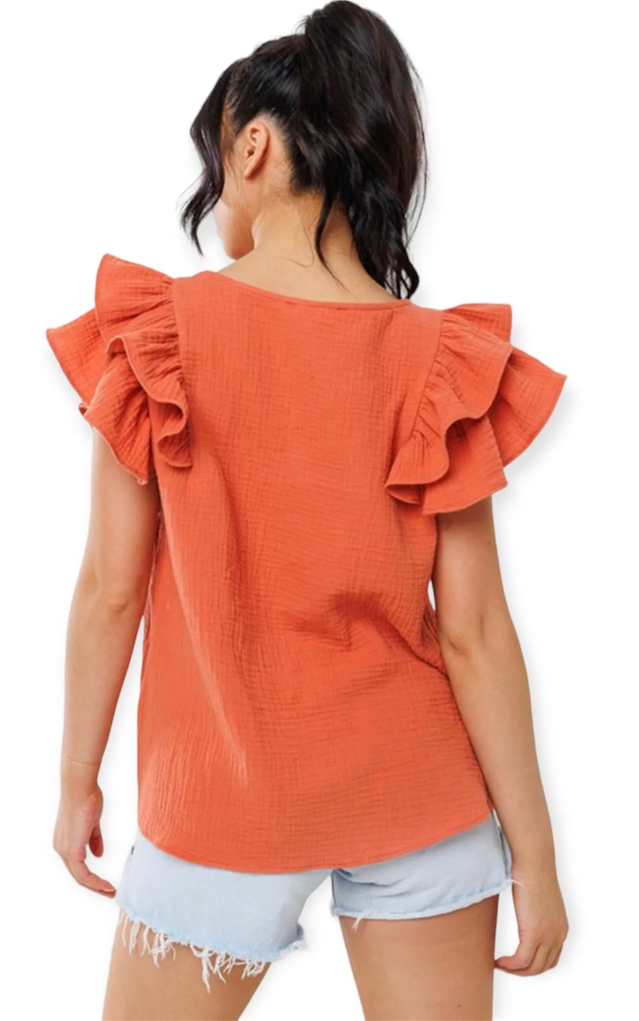 Dahlia's Ruffled Short Sleeve Blouse- Rust