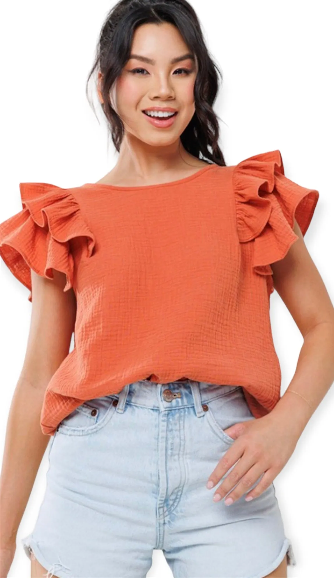 Dahlia's Ruffled Short Sleeve Blouse- Rust