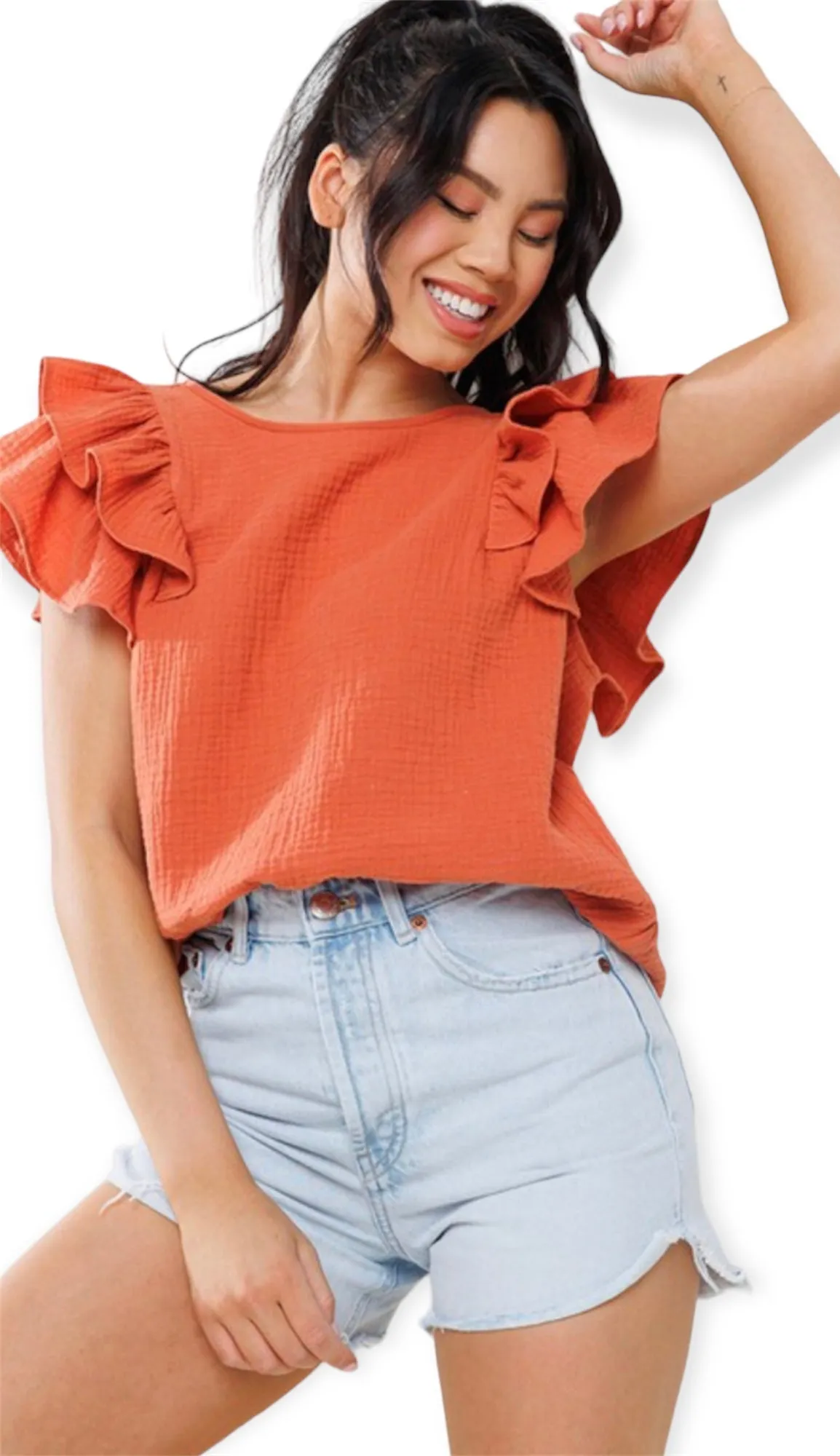 Dahlia's Ruffled Short Sleeve Blouse- Rust