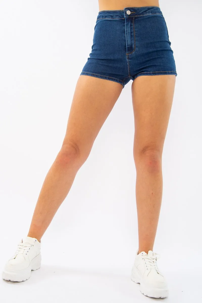 Dark Blue High Waist Denim Hot Pant Shorts - Lylah