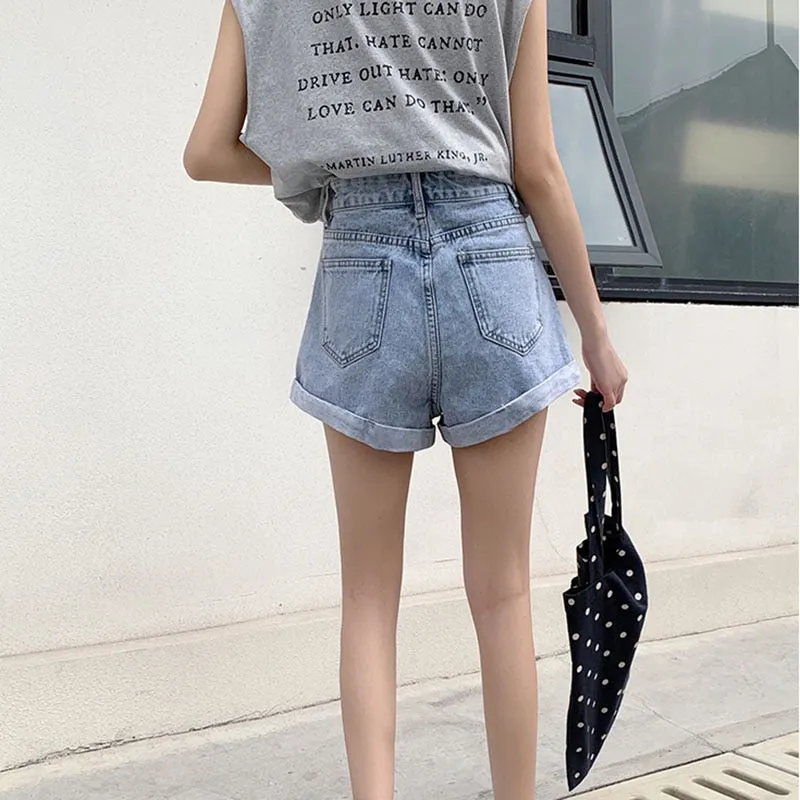 Denim Shorts With High Waisted Wide Leg Loose Sequined Jean Shorts