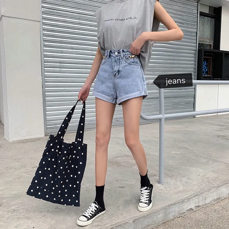 Denim Shorts With High Waisted Wide Leg Loose Sequined Jean Shorts