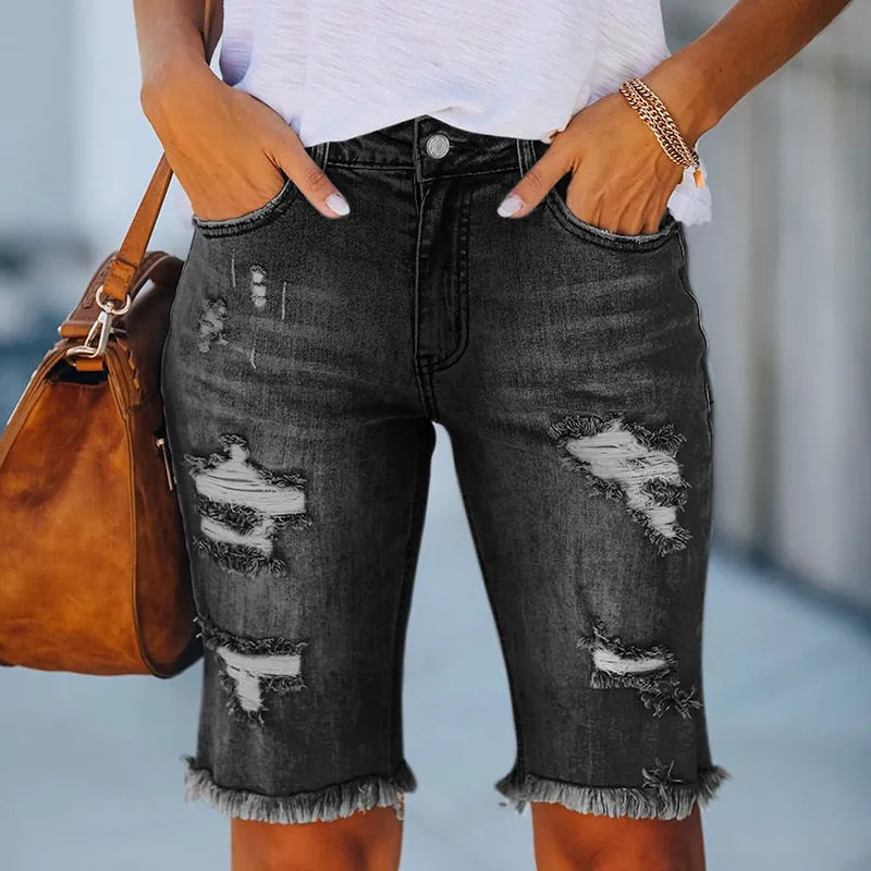 Denim Shorts Woman Fashion Tassel Tight Five-Point Washed Shorts